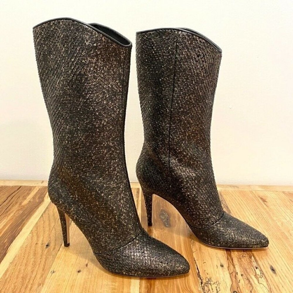 Cavallini Italy Heel Boots Black Gold Snake 8 NEW